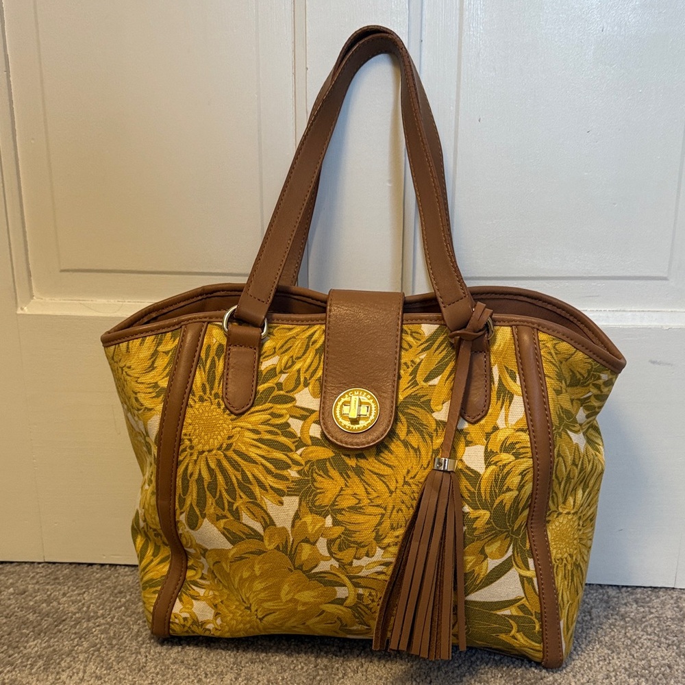 Isaac Mizrahi Floral Yellow Floral Canvas Tote Bag with Leather Trim and Straps